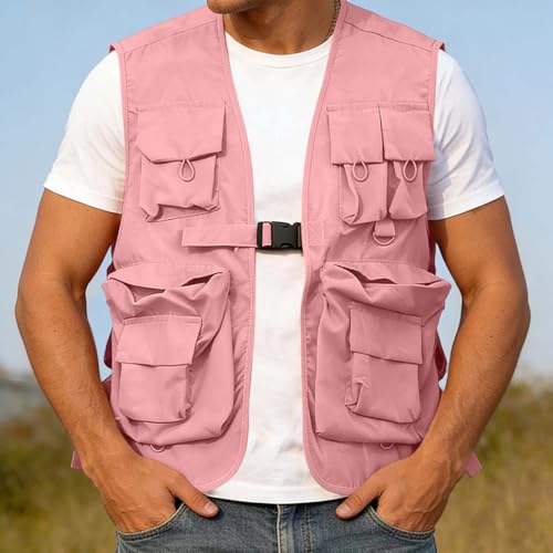 Fishing Vest - Fishing Vests for Men Lightweight Zip Up Sleeveless Utility Jackets Softshell Outwear Vests with Pockets - color: 01# Pink, size: Medium