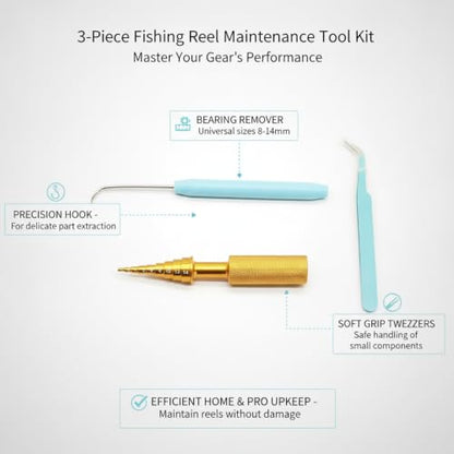 3-Piece Fishing Reel Maintenance Tool Kit - Metal Bearing Remover & Gear Service Set for Spinning and Baitcasting Reels - color: Gold