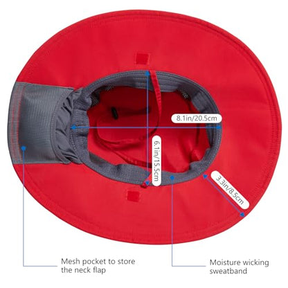 BASSDASH UPF 50+ Sun Fishing Hat Water Resistant with Detachable Neck Flap - color: Red