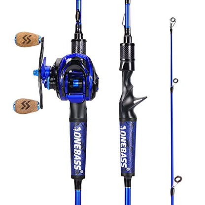 One Bass Fishing Rod and Reel Combo, IM7 Graphite 2 Pc Blank Baitcasting Combo, Spinning Rod with Super Polymer Handle - color: Blue- Casting- Left Handed, size: 6'0"-M-Fast