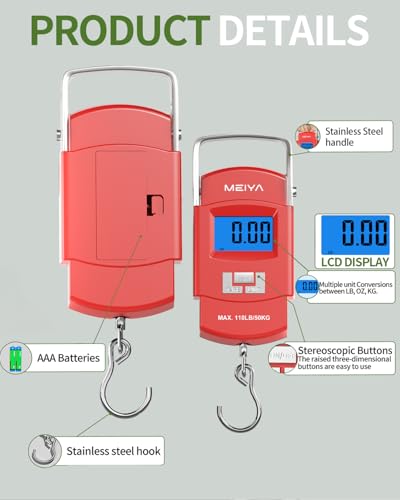 MEIYA Fish Scale 110lb Portable Luggage Scale Travel Digital Hanging Scale with Hook, Fishing Gifts for Men, Weighing Tool for Suitcases & Fish, Includes 2 AAA Batteries, Backlit LCD Display (Red) - color: Red