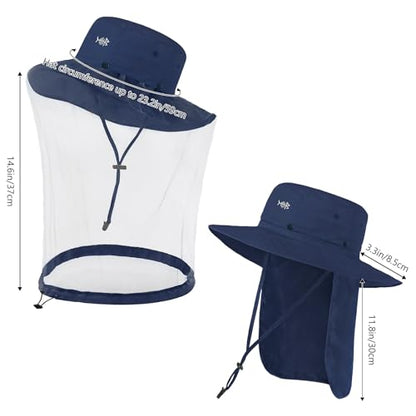BASSDASH UPF 50+ Mosquito Sun Hat with Hidden Head Net and Neck Flap for Men Women Outdoor Fishing Hiking Camping - color: Navy Blue
