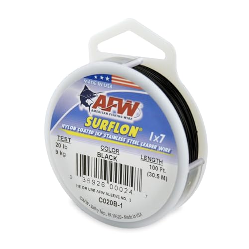 American Fishing Wire Surflon Nylon Coated 1x7 Stainless Steel Wire Leader - Wire Fishing Leader Line for Saltwater 10lb Up To 250lb Test in Bright, Black, Camo in 30ft, 100ft, 300ft, & 1000ft Lengths - color: Black, style: 100 Feet, 20 Pound Test