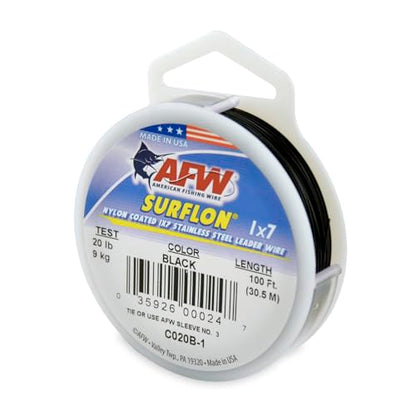 American Fishing Wire Surflon Nylon Coated 1x7 Stainless Steel Wire Leader - Wire Fishing Leader Line for Saltwater 10lb Up To 250lb Test in Bright, Black, Camo in 30ft, 100ft, 300ft, & 1000ft Lengths - color: Black, style: 100 Feet, 20 Pound Test