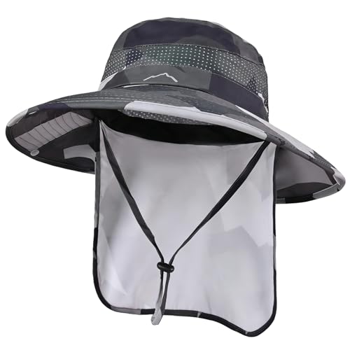 Sun Hats for Men Women, UPF50+ Protection Safari Hat,Wide Brim Fishing Hat with Neck Flap,Bucket Hats for Beach Hiking - color: Camodgrey