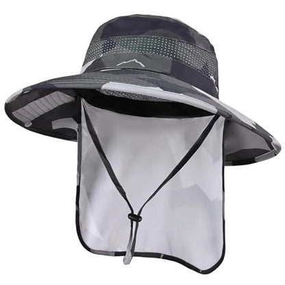 Sun Hats for Men Women, UPF50+ Protection Safari Hat,Wide Brim Fishing Hat with Neck Flap,Bucket Hats for Beach Hiking - color: Camodgrey