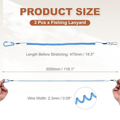 PATIKIL Fishing Lanyard, (118.11" Length, Blue) (3Pcs), Retractable Coiled Tether Anti-Lost Rope Coiled with Carabiners and 360° Safety Buckle, Suit for - Fishing/Hunting/Hiking/Boating - color: Blue, size: 118.11"