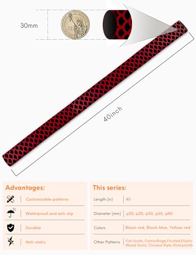 Accering 2-Tone Fish Scale Heat Shrink Tubing, Non-Slip Fishing Rod Grip Wrap for Hockey & Shovel (φ30mm, Black & Red) - color: Black & Red, size: φ30mm, L3.3ft