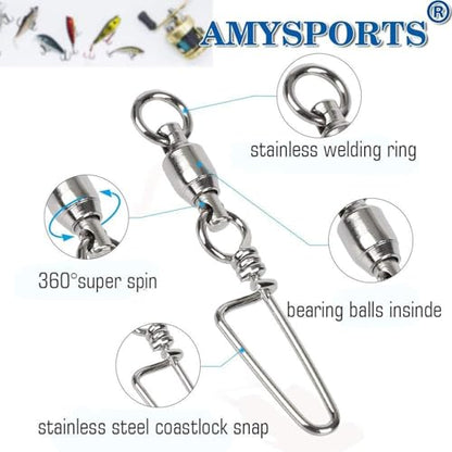 AMYSPORTS High Strength Fishing Snap Swivels - Stainless Steel Ball Bearing Swivels - Saltwater & Freshwater Fishing - size: Size 3+3 (78lb) 50 pcs