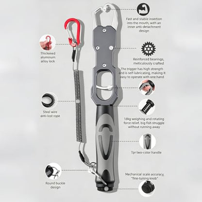 2-in-1 Fish Gripper with Scale, Aircraft-Grade Aluminum Alloy Heavy Duty Fish Lip Holder, MX 18KG Fishing Gripper with Scale, TPR Dual-Color Handle & Rotating Design – Ideal for Anglers (Red) - color: Red