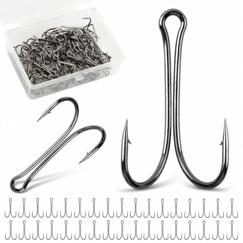 Double Fishing Hooks, 45pcs Classic Dual Frog Hooks High Carbon Steel Double Hook Sharp Barbed Open Shank for Bass Fishing Lures Bait Saltwater Freshwater