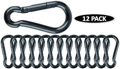 Black & Silver Zinc-Galvanized Heavy Duty Bushcraft Carabiner Spring Snap Clip Link Hooks 200-500lb Load 2, 6 & 12 Packs - color: 7cm (2.8in) Black 12 Pack