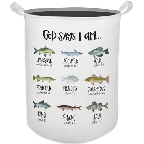 God Says I Am Fish Laundry Basket, Toybox for Boys Room, Christian Laundry Basket Hamper Waterproof Collapsible Clothes Toys Storage Bin Organizer for Bedroom Bathroom Kids Room Dorm