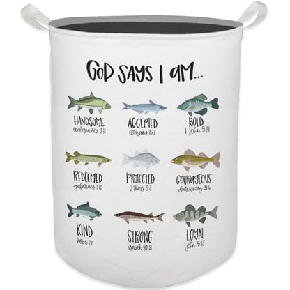 God Says I Am Fish Laundry Basket, Toybox for Boys Room, Christian Laundry Basket Hamper Waterproof Collapsible Clothes Toys Storage Bin Organizer for Bedroom Bathroom Kids Room Dorm