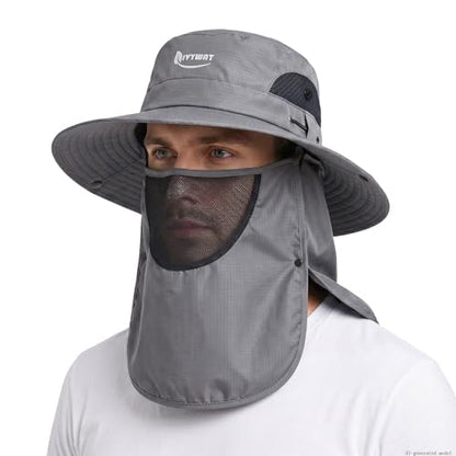 Wide Brim Fishing Hat, Waterproof UV Protection Bucket Sun Hats with Removable Face Cover & Neck Flap for Men Women - color: Dark Gray