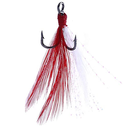 20Pcs Treble Fishing Hooks with Feather Size Stainless Steel Barbed Sharp Triple Fishhook with Box for Saltwater Freshwater - color: 20pcs-Red White Feather, size: 8#