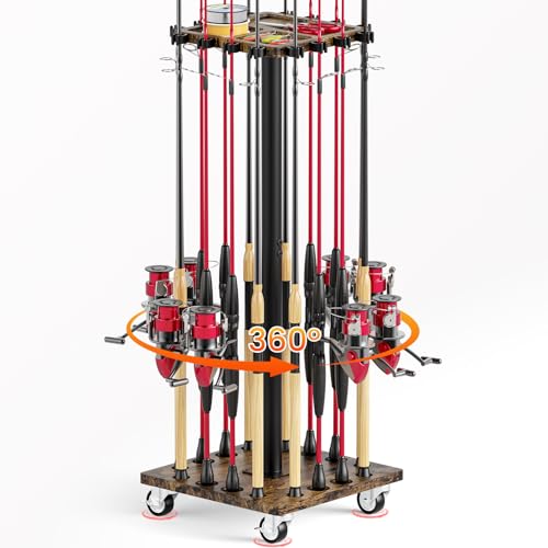 Fishing Rod Rack for 16 Poles - 360° Rotating Base, Easy to Install & Durable Wooden Pole Holders for Garage, Fishing Rod Equipment Organizer Storage Stand for Ground, Fishing Gifts for Men, Brown - color: Upgraded Brown
