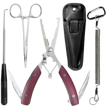 DONQL 4pcs 6in Fishing Pliers Tools Kit, Fishing Pliers Hook Remover, Fishing Scissors Line Cutter, Saltwater Resistant Fishing Gear with Lanyard, Multifunctional Fishing Hook Remover Gifts - color: Red