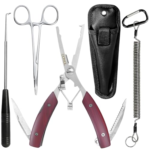 DONQL 4pcs 6in Fishing Pliers Tools Kit, Fishing Pliers Hook Remover, Fishing Scissors Line Cutter, Saltwater Resistant Fishing Gear with Lanyard, Multifunctional Fishing Hook Remover Gifts - color: Red