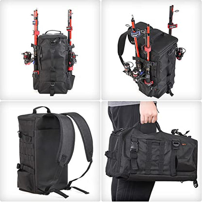Fishing Backpack, 2 Fishing Rod Holders Fishing Tackle Backpack Without 4 Tackle Boxes, 17.4L Large Storage Fishing Gear Bag for Trout Fishing Outdoor Camping Hiking black