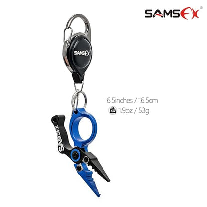 SAMSFX Mini Fishing Pliers with Fly Fishing Zinger Retractor, Fish Hook Remover Tool, Split Ring Pliers for Saltwater & Freshwater, Tungsten Carbide Cutters, Fishing Gear Gift for Anglers - color: Blue