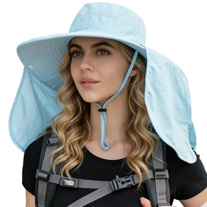 HUAMULAN Women Large Brim Sun Hat with Neck Flap, Men Quick Dry Hiking Fishing Safari Hat UPF 50+ - color: Blue With Mesh Panel