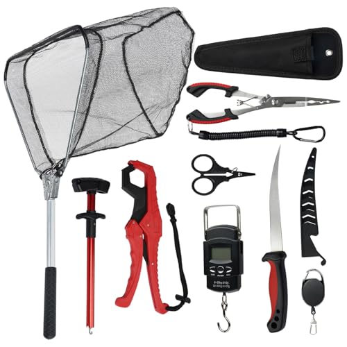 RAWILL 9 Pcs Fishing Tool Kit, Fishing Pliers with Lanyard and Protective Sheaths, Landing Net, Fillet Knife, Fish Scale, Gripper - color: Red