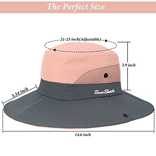 Sun Hat for Women Summer UV Protection Beach Hat Wide Brim Mesh Bucket Fishing Hat with Ponytail Hole Foldable Packable Hat - color: Pink(with Ponytail Hole)