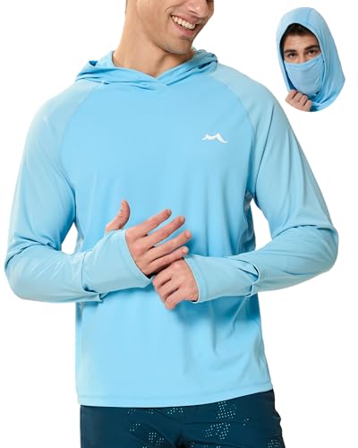 maamgic Men’s UPF 50+ Fishing Shirt Sun Hoodie with Detachable Face Mask, Long Sleeve UV Rash Guard - color: Blue, size: Small