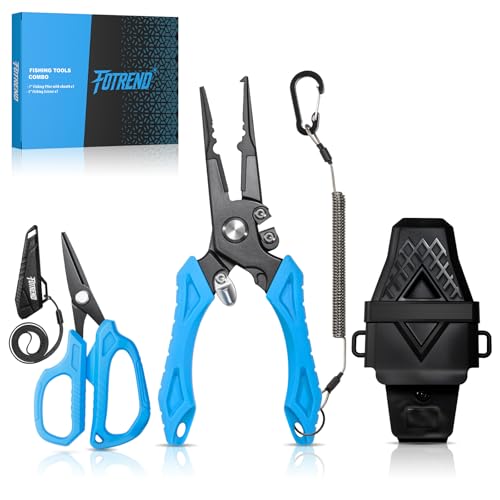 Fishing Tool Kit, Fishing Gear - Fishing Plier with Sheath, Fillet Knife, Fishing Scissors, Fish Lip Gripper, Tool Retractor, Keychain Bottle Opener, Fishing Gifts for Men - color: Blue-3pcs
