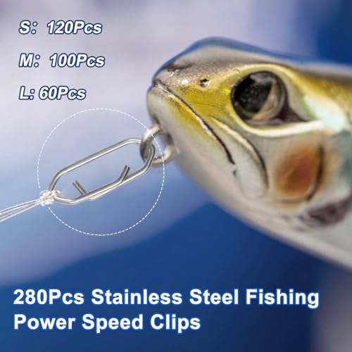 280Pcs Fishing Power Clips, Fishing Speed Clips for Fishing Lure Quick Change, High Strength Stainless Steel Clips Snap Freshwater Saltwater Crankbait Popper Lure Connector Tackle (S:120, M:100, L:60)