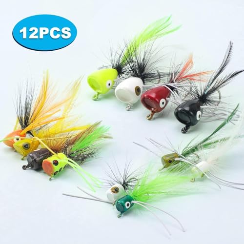 Fly Fishing Poppers Flies, Fly Popper Lures Bass Bluegill Crappie Trout Salmon Panfish Perch Popper Flies Kit for Fly Fishing - color: 12pcs 3 Size Popper Flies
