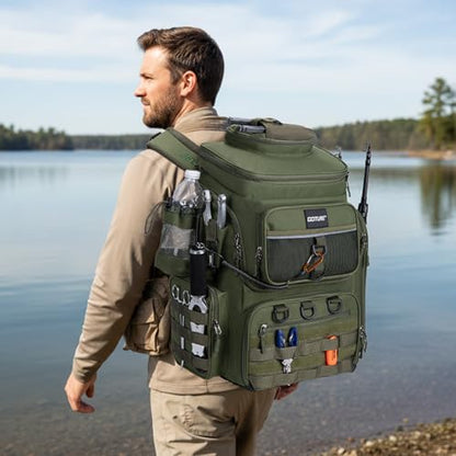 Goture Fishing Backpack, 900D Water-Resistant Tackle Bag with Rod Holders, Insulated Cooler Compartment, 55L Large Capacity Fishing Gear Storage for Saltwater&Freshwater Camping Hiking,Gifts for Men - color: A2:green(without Tackle Boxes)
