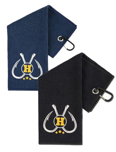 Embroidered Fishing Towels with Clip, Personalized Microfiber Towel Accessories for Fishing Lovers, 16x16 Inches, Pack of 2, Initial H - color: H