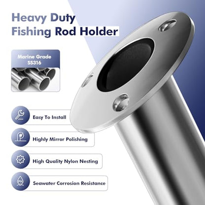 2Pcs Rod Holders for Fishing Boat, Heavy Duty 316 Stainless Steel Fishing Rod Pole Holder, Flush Mount, 15/30/90 Degree - color: Silver - Black Insert