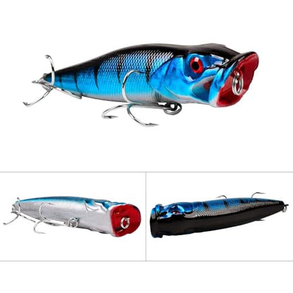 5pcs 9cm 3D Eyes Hard Baits Floating Topwater Popper Lures with Treble Hooks, Mixed Colors, ABS & High Carbon Steel, Targeting Pike, Bass, Salmon