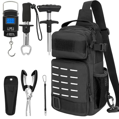 THKFISH 7Pcs Fishing Backpack with Fishing Pliers Kit, Tactical Fish Sling Tackle Bag Included Fishing Tackle kit, Digital Fishing Gear Weight Scale, Fish Hook Remover Tools - color: Black