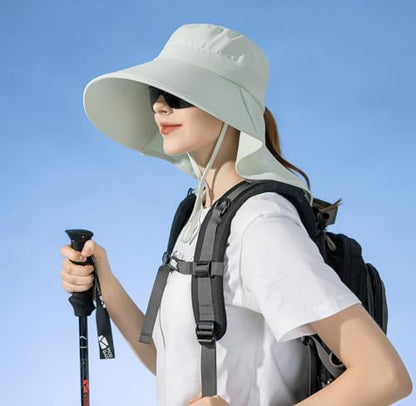 HUAMULAN Men Summer Sun Hat Women Safari Wide Brim Fishing Hats UV Protection Neck Flap Bucket Gardening Hiking Hunting Cap - color: Bg8112-lightgreen