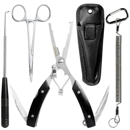 DONQL 4pcs 6in Fishing Pliers Tools Kit, Fishing Pliers Hook Remover, Fishing Scissors Line Cutter, Saltwater Resistant Fishing Gear with Lanyard, Multifunctional Fishing Hook Remover Gifts - color: Black