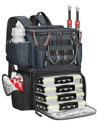 MATEIN Fishing Backpack with 4 Tackle Boxes, Fishing Bag with Rod Holder | 3600 Tackle Box 4 Pack, Water Resistant Tackle Backpack with Cooler Compartment, Safety Compass, Gifts for Fishermen - color: Grey Black