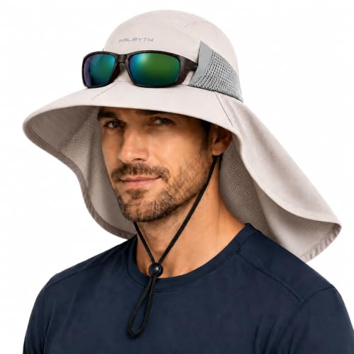 Palmyth Fishing Hat Wide Brim Sun Hat with Neck Flap & Sunglasses Storage | Sun Protection, Adjustable Fit, Breathable Mesh & Sweatband, Foldable, For Men & Women - color: Sand