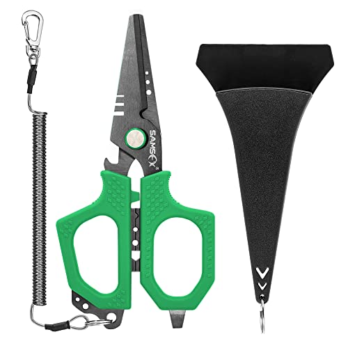 SAMSFX Fishing Braid Line Scissors Shears with Non-Slip Grip Handles (Green Handle) - color: A: Green Kraton Handle, Hard Sheath