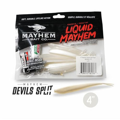 Liquid Mayhem Devils Split 4” – Soft Plastic Lures for Bass & Walleye with Fast Darting Action – Includes Bonus 10ml Attractant – 6 Baits Each Pack - size: 4" Kit - 3 Pack, style: Pearl