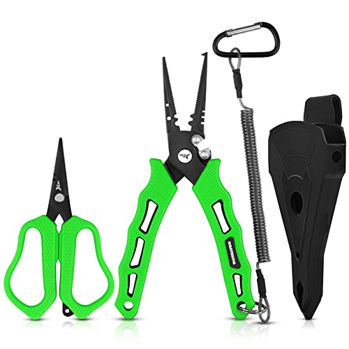 KastKing Cutthroat 7.5- Inch Saltwater Resistant Fishing Pliers, 5-Inch Braid Scissors, Line Cutter, Hook Remover, Fishing Tools Set, Gifts for Men - style: B: Split Ring Plier and Scissor - Green