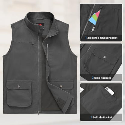 TBMPOY Men's Lightweight Vest Cotton Stylish Sleeveless Travel Casual Work Canvas Outerwear Utility Jacket Fishing Hiking - color: Deep Gray, size: Medium