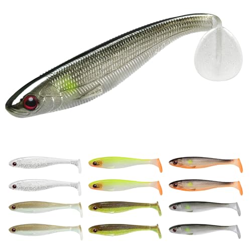 TRUSCEND Shadtale Easy Catch Soft Fishing Lures, Unique Vibration and Action for Various Rigs, Paddle Tail Swimbaits Trailer for Bass, Trout, Crappie, Walleye, Redfish, Saltwater & Freshwater Fishing - color: 4",12pcs,0.3oz