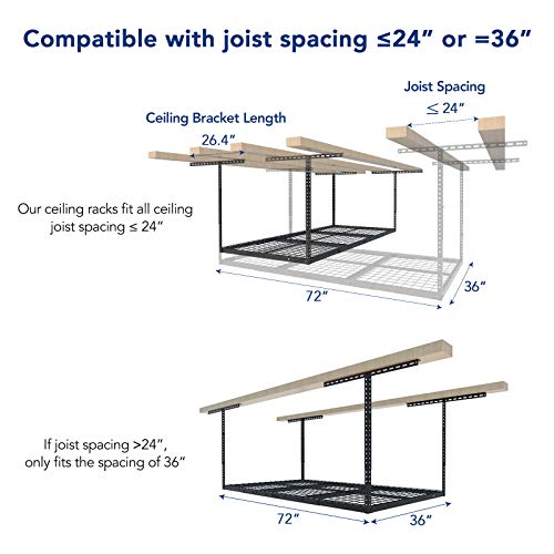 FLEXIMOUNTS 3x6 Overhead Garage Storage Adjustable Ceiling Rack 72" Length x 36" Width x 40" Height, 450lbs Weight Capacity, Black, Classic Series - color: Black, size: 3x6 ft