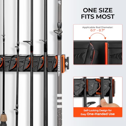 KastKing GravityLock V8 Multifunction Fishing Rod Holder, Wall Mounted Fishing Rod Rack, Holds 8 Fishing Rods or Combos, One Adjustable Clip, Patented Built-in Line Spooler & Cutter, Heavy-Duty Grip - style: A:V8 (Store 8 Combos With Line Spooler) – 1 Pac