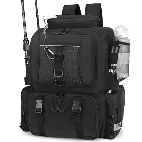 WANOON Fishing Backpack,Tackle Bag,with Tackle Boxes. Large Fishing Bag, Strong Materials - color: Black, size: 42L-With Tackle Boxes