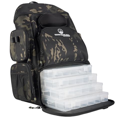 Fishing Backpack with Tackle Boxes, Rod Holders, 7 Zippered Storage Pockets and Water-Resistant Cover - Tactical Backpack Tackle Bag for Fishing Gear and Equipment by Wakeman Outdoors (Camo Black)